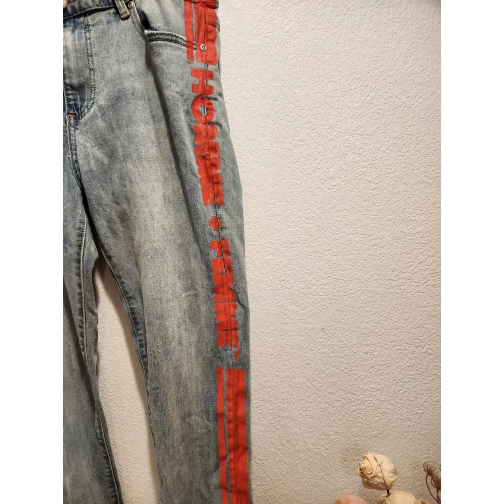 HOMME + FEMME Red Stripe Jeans Size 32 Logo Denim‎ Ankle Zip Distressed YKK